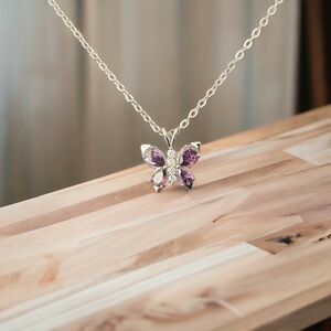 925 Sterling Silver Butterfly Pendant w/Purple & Clear Cubic Zirconia Free Chain